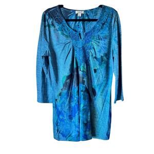 One World Blue Embroidered Rhinestone Y2K Tunic Blouse Womens L Maximalist Top